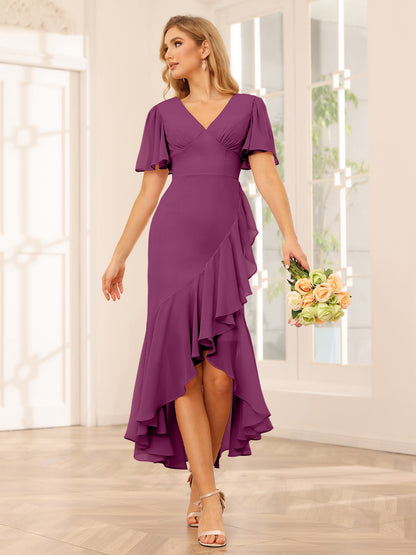 Fourreau/Colonne Col V Asymétrique Robes de demoiselle d'honneur avec Volants