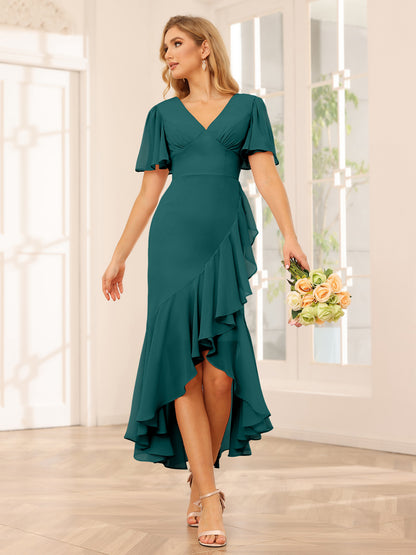 Fourreau/Colonne Col V Asymétrique Robes de demoiselle d'honneur avec Volants