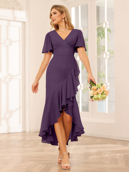 Fourreau/Colonne Col V Asymétrique Robes de demoiselle d'honneur avec Volants