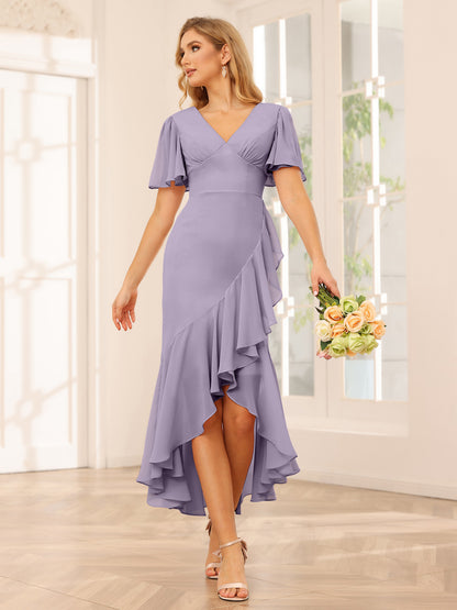 Fourreau/Colonne Col V Asymétrique Robes de demoiselle d'honneur avec Volants
