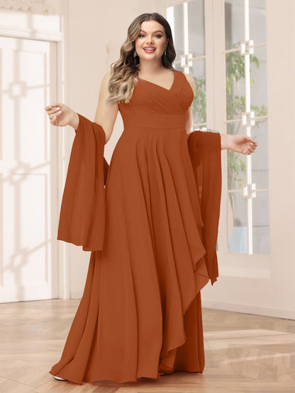 Robe de Demoiselled'Honneur Grande Taille Asymétrique à Col en V et Volants, Coupe A-Line/Princesse