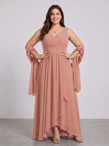 Robe de Demoiselle d'Honneur Grande Taille Ligne A/Princesse Col en V Sans Manches Asymétrique avec Volants