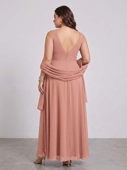 Robe de Demoiselle d'Honneur Grande Taille Ligne A/Princesse Col en V Sans Manches Asymétrique avec Volants