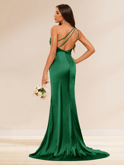 Robe Longue de Soirée Gaine/Colonne Monobretelle, avec Fente Latérale & Fronces