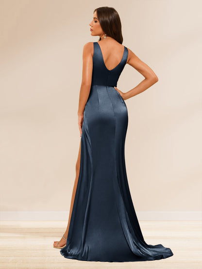 Robe Longue Formelle Gaine/Colonne à Col en V, avec Fente Latérale & Fronces