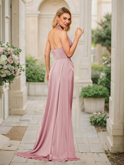 Robe Longue de Soirée Fourreau/Colonne à Col en V avec Fente Latérale et Fronces