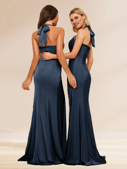 Robe Longue de Soirée Gaine/Colonne à Col Licou Cœur, avec Fente Latérale & Fronces