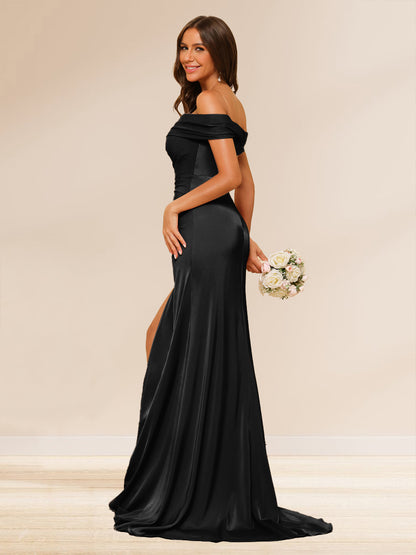 Robe Longue de Soirée Gaine/Colonne, Épaules Dénudées, Fente Latérale & Fronces