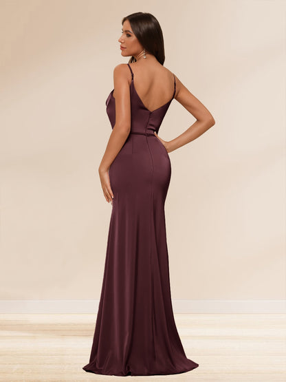 Robe Longue Formelle Gaine/Colonne à Bretelles Spaghetti, Fente Latérale & Fronces