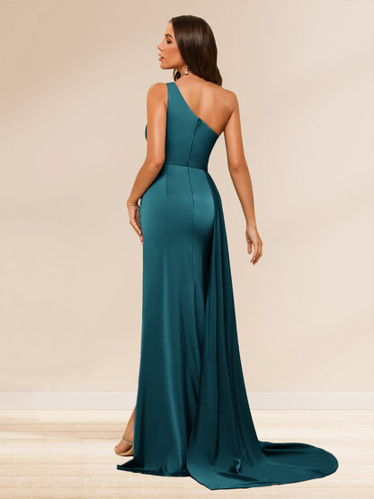Robe Longue de Soirée Gaine/Colonne Monobretelle, avec Fente Latérale & Fronces