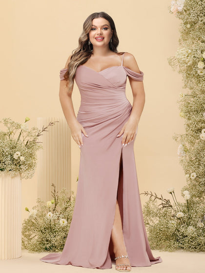 Robe Fourreau/Colonne à Bretelles Spaghetti, Épaules Dénudées, Longue, Grande Taille avec Fente Sur le Côté