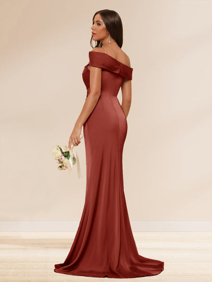 Robe Longue de Soirée Gaine/Colonne, Épaules Dénudées, Fente Latérale & Fronces