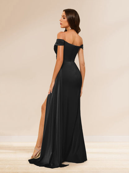 Robe Longue de Soirée Gaine/Colonne, Épaules Dénudées, Fente Latérale & Fronces