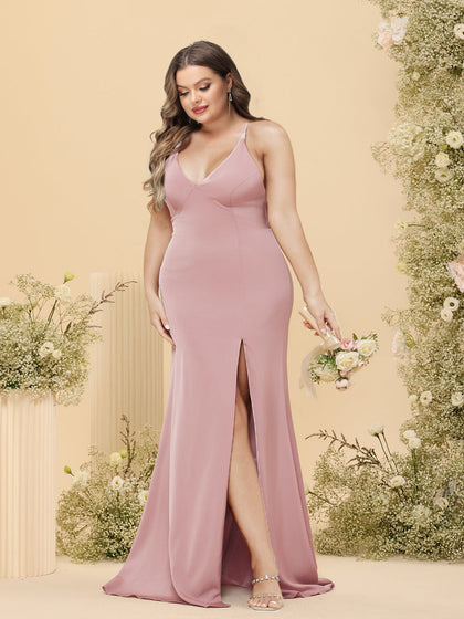 Robe Longue Grande Taille à Col en V, Coupe Fourreau/Colonne, Bretelles Spaghetti, Fente Latérale
