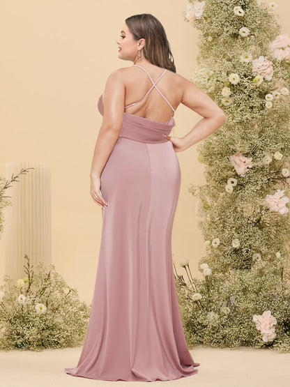 Robe Longue Grande Taille à Col en V, Coupe Fourreau/Colonne, Bretelles Spaghetti, Fente Latérale