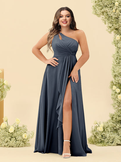 Robe de Demoiselled'Honneur Grande Taille, Coupe Trapèze/Princesse, Asymétrique, Longue, Fendue Sur le Côté