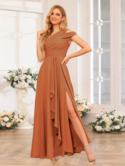 Forme Princesse Une épaule Longue Robes de soirée de mariage avec Côté fendu