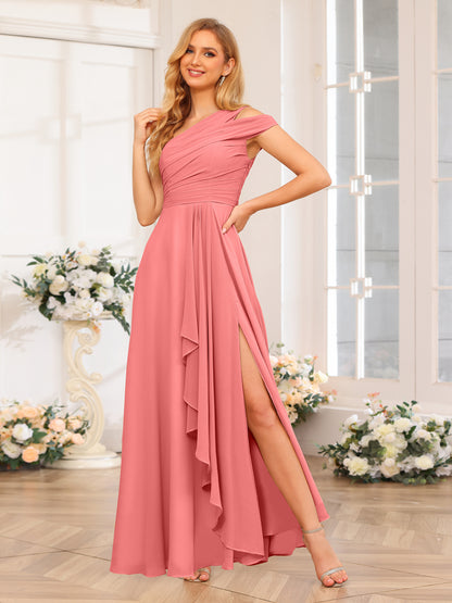Forme Princesse Une épaule Longue Robes de soirée de mariage avec Côté fendu