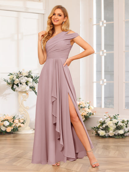 Forme Princesse Une épaule Longue Robes de soirée de mariage avec Côté fendu