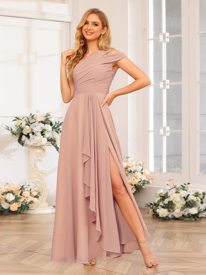 Forme Princesse Une épaule Longue Robes de soirée de mariage avec Côté fendu