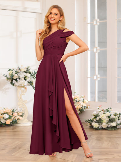 Forme Princesse Une épaule Longue Robes de soirée de mariage avec Côté fendu