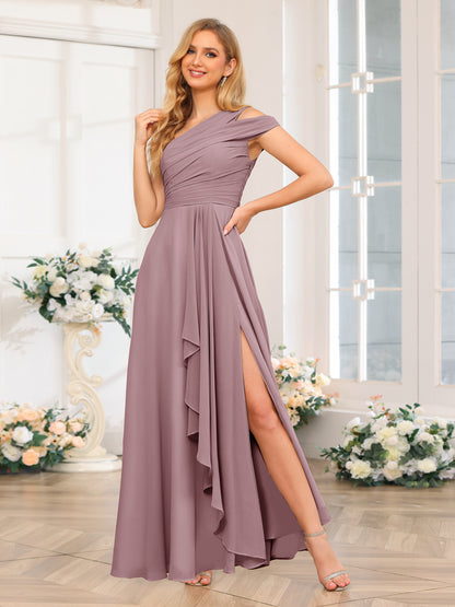 Forme Princesse Une épaule Longue Robes de soirée de mariage avec Côté fendu