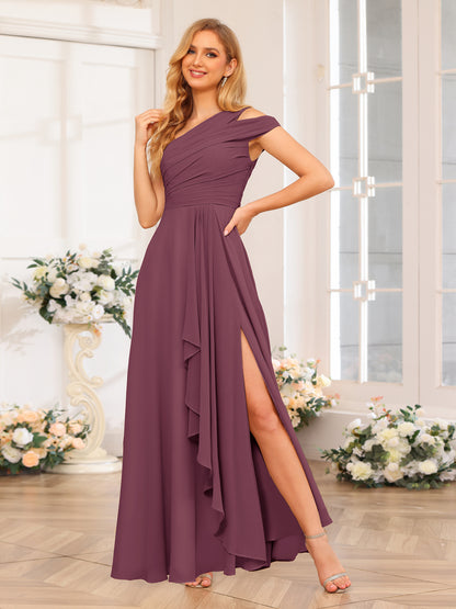 Forme Princesse Une épaule Longue Robes de soirée de mariage avec Côté fendu