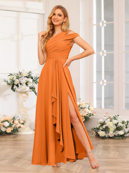 Forme Princesse Une épaule Longue Robes de soirée de mariage avec Côté fendu