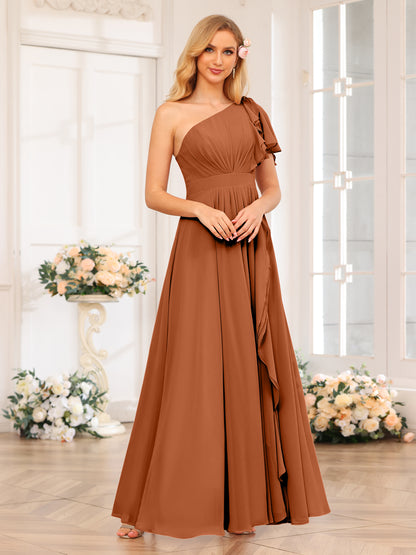 Forme Princesse Une épaule Longue Robes de soirée de mariage avec Côté fendu