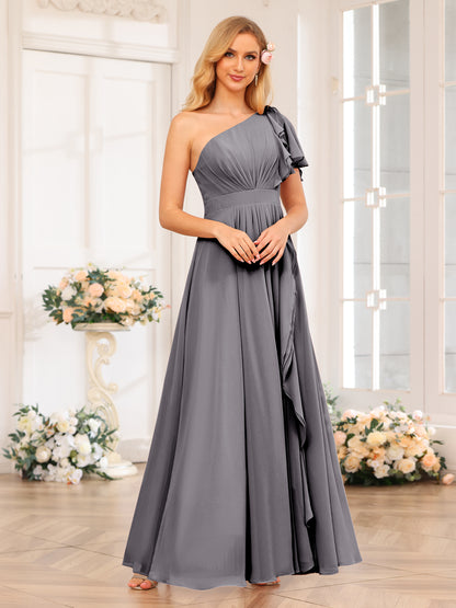 Forme Princesse Une épaule Longue Robes de soirée de mariage avec Côté fendu