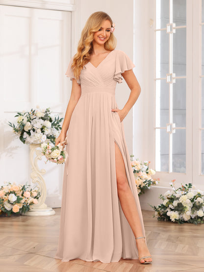 Forme Princesse Col en V Longue Robes de soirée de mariage avec Côté fendu et poches