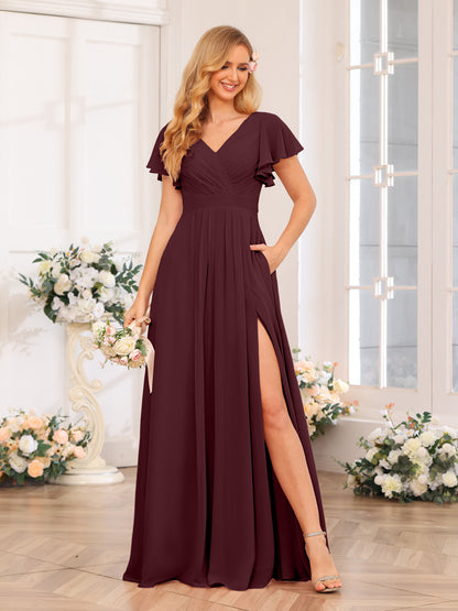 Forme Princesse Col en V Longue Robes de soirée de mariage avec Côté fendu et poches