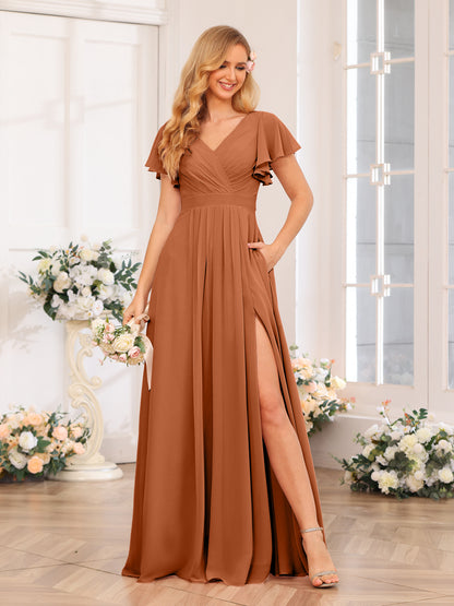 Forme Princesse Col en V Longue Robes de soirée de mariage avec Côté fendu et poches