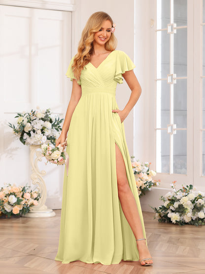 Forme Princesse Col en V Longue Robes de soirée de mariage avec Côté fendu et poches