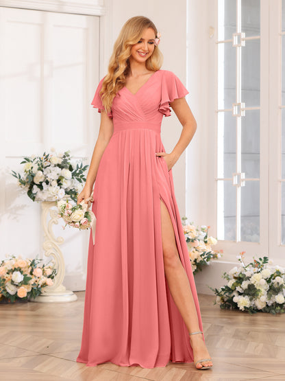 Forme Princesse Col en V Longue Robes de soirée de mariage avec Côté fendu et poches