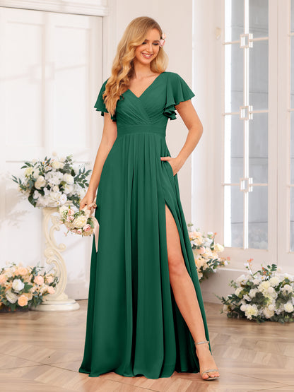 Forme Princesse Col en V Longue Robes de soirée de mariage avec Côté fendu et poches