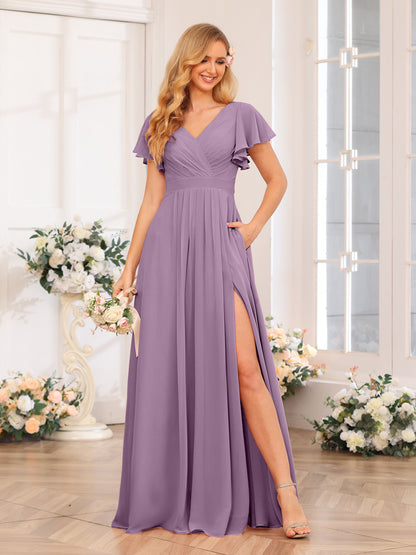 Forme Princesse Col en V Longue Robes de soirée de mariage avec Côté fendu et poches