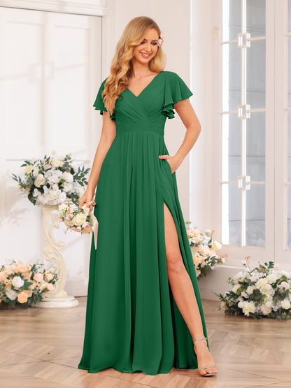 Forme Princesse Col en V Longue Robes de soirée de mariage avec Côté fendu et poches