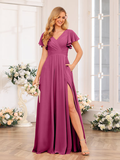 Forme Princesse Col en V Longue Robes de soirée de mariage avec Côté fendu et poches