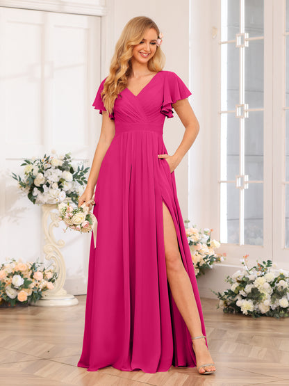 Forme Princesse Col en V Longue Robes de soirée de mariage avec Côté fendu et poches