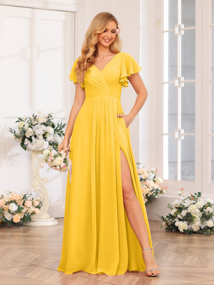 Forme Princesse Col en V Longue Robes de soirée de mariage avec Côté fendu et poches