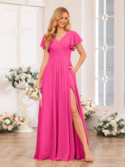 Forme Princesse Col en V Longue Robes de soirée de mariage avec Côté fendu et poches