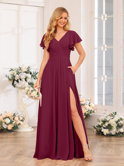 Forme Princesse Col en V Longue Robes de soirée de mariage avec Côté fendu et poches