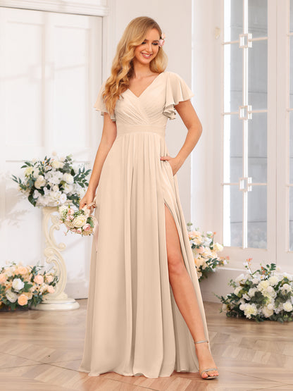 Forme Princesse Col en V Longue Robes de soirée de mariage avec Côté fendu et poches