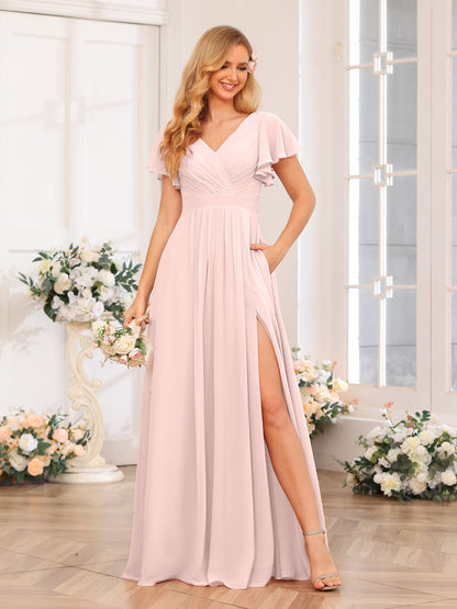 Forme Princesse Col en V Longue Robes de soirée de mariage avec Côté fendu et poches
