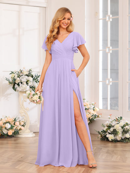Forme Princesse Col en V Longue Robes de soirée de mariage avec Côté fendu et poches