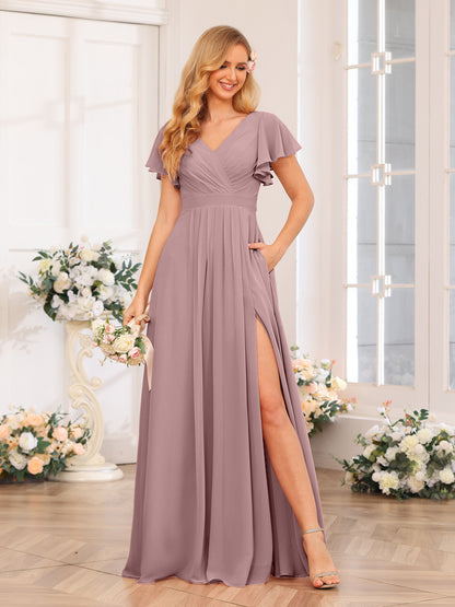 Forme Princesse Col en V Longue Robes de soirée de mariage avec Côté fendu et poches