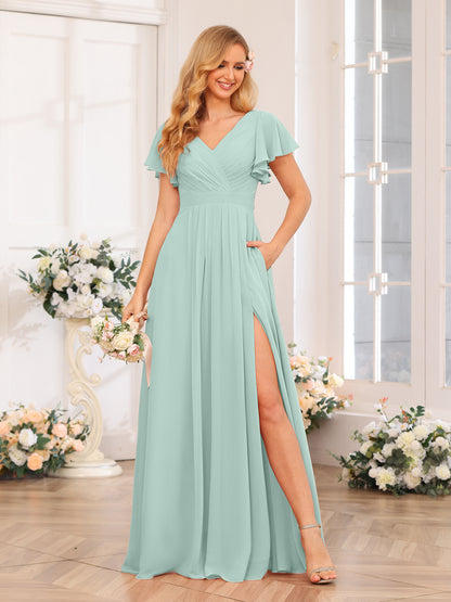 Forme Princesse Col en V Longue Robes de soirée de mariage avec Côté fendu et poches