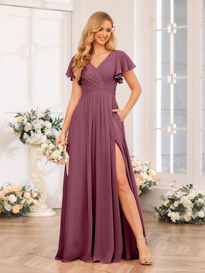 Forme Princesse Col en V Longue Robes de soirée de mariage avec Côté fendu et poches