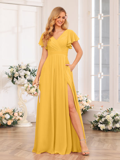 Forme Princesse Col en V Longue Robes de soirée de mariage avec Côté fendu et poches